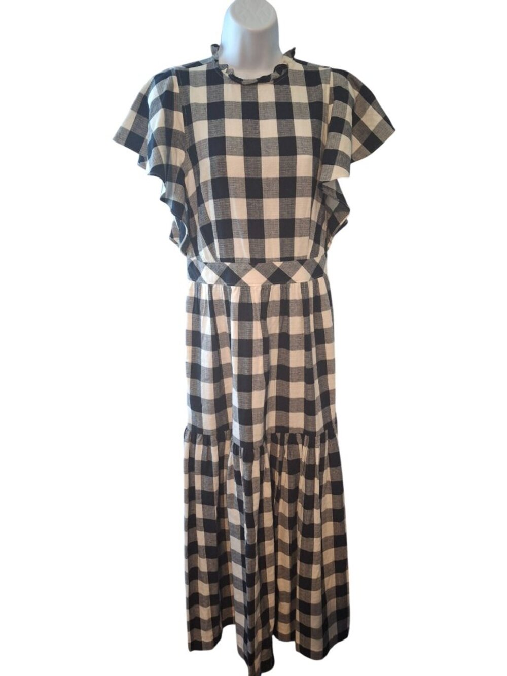 Express x LadyGang Gingham Maxi Dress 6 Navy White Cottagecore Flutter Sleeve